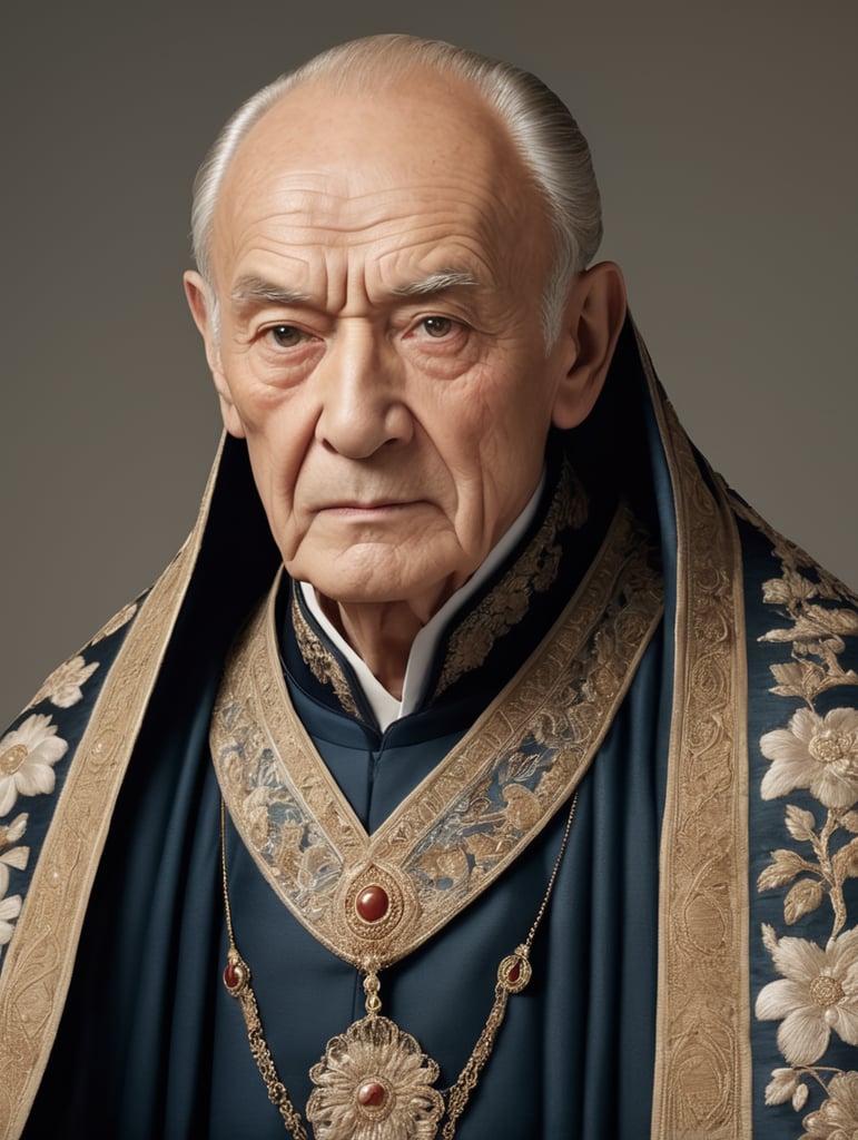 Looks like a wise man. Has a high age 70 A high forehead with sophisticated parallel long dressed in an embroidered prominent cheekbones.