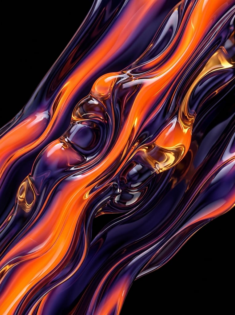 Abstract, hyper-glossy viscous forms intertwine in a continuous fluid dynamic against a pitch-black void. The molten glass-like shapes flow diagonally with bulbous ridges and deep crevices. A high-contrast palette blends vibrant neon orange with deep indigo and dark purple gradients. Crisp specular highlights trace the sweeping curves, accentuating the ultra-smooth, highly reflective texture of the thick material. The close-up macro perspective emphasizes the dramatic interplay of brilliant light, deep shadow, and vivid color refraction.
