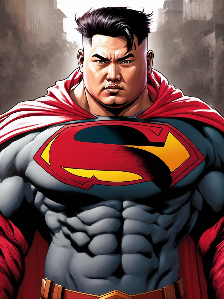 Kim Jong Un Superman, Hero Portrait, Pink colors, Comics, Marvel, Horror, USA, style of Richard Corben