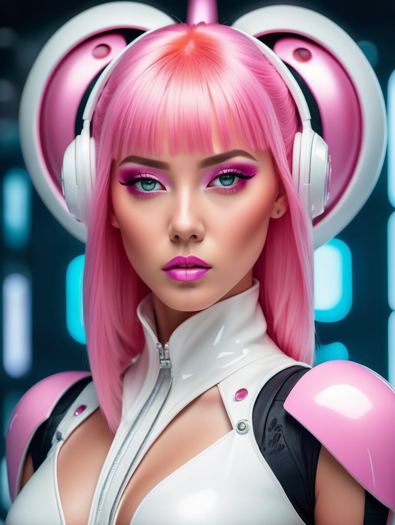 An hyper-realistic, beautiful pink haired female artist all white sleek futuristic outfit, details, design, clean makeup, with depth of field, fantastical edgy and regal themed outfit, captured in vivid colors, embodying the essence of fantasy, cyber, pop surrealism, minimalist, film grain, holding object.
