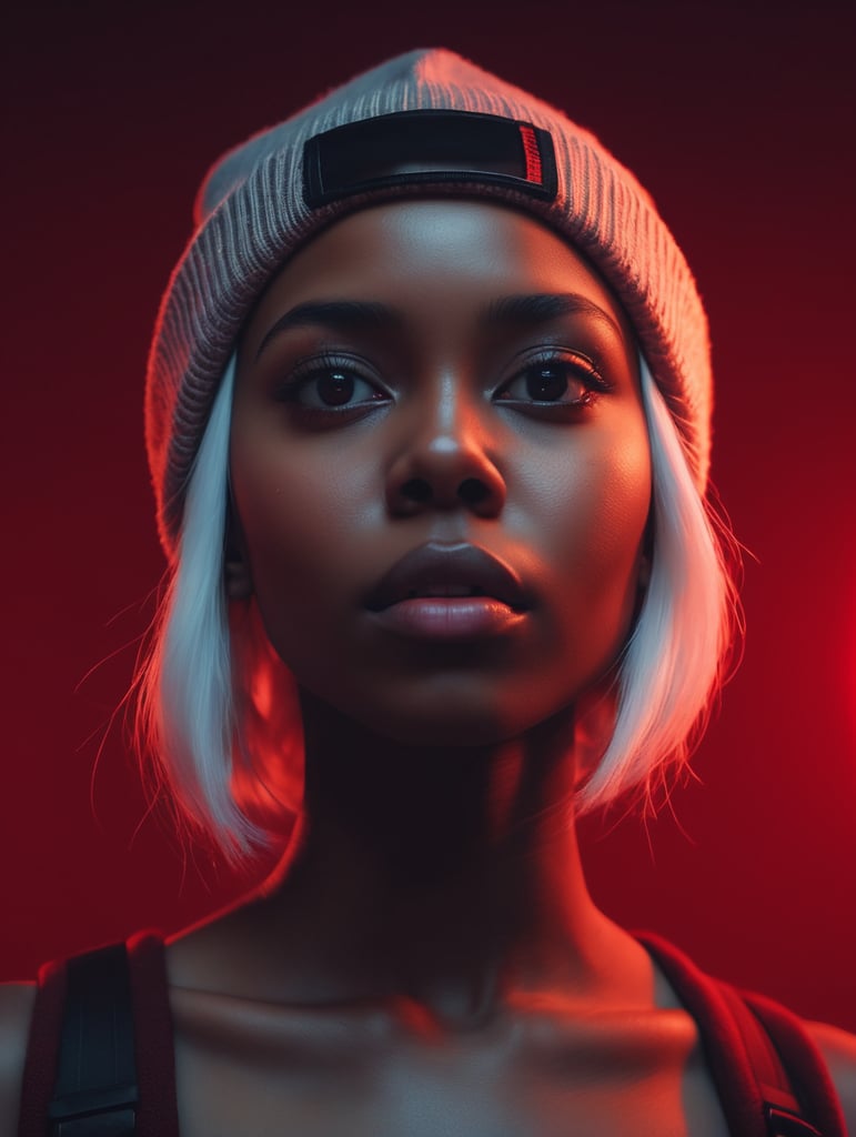 black girl on a red background, red light reflection on her face, White hair wearing a brown beanie