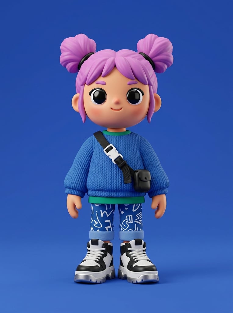 Stylized 3D toy character on a solid cobalt blue background. The figure features an oversized head, large black eyes, and pink-purple hair in twin buns. It wears a textured blue sweater, green shirt, patterned blue pants, and chunky black-and-white metallic-soled sneakers. A black crossbody strap with a white buckle crosses the chest. Smooth studio lighting highlights vibrant matte textures.