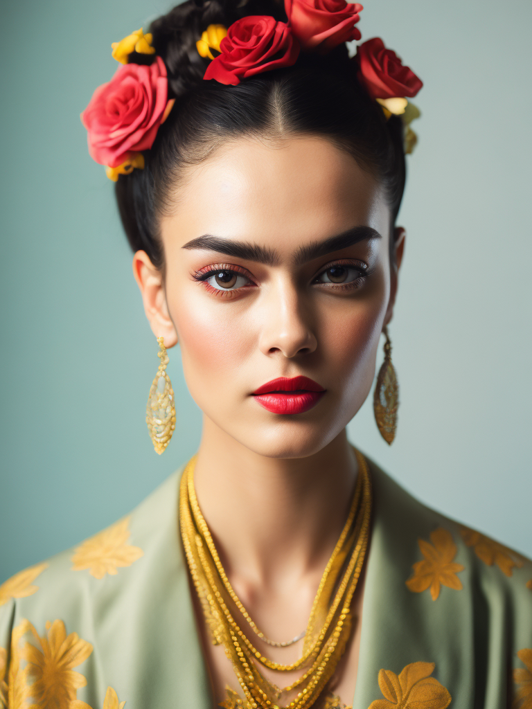 Portrait of Frida kahlo, bright and saturated colors, elegant, highly detailed, vogue, fashion magazine, sharp focus, Bright expressive makeup, Dramatic Lighting, Depth of field, Incredibly high detailed, blurred background
