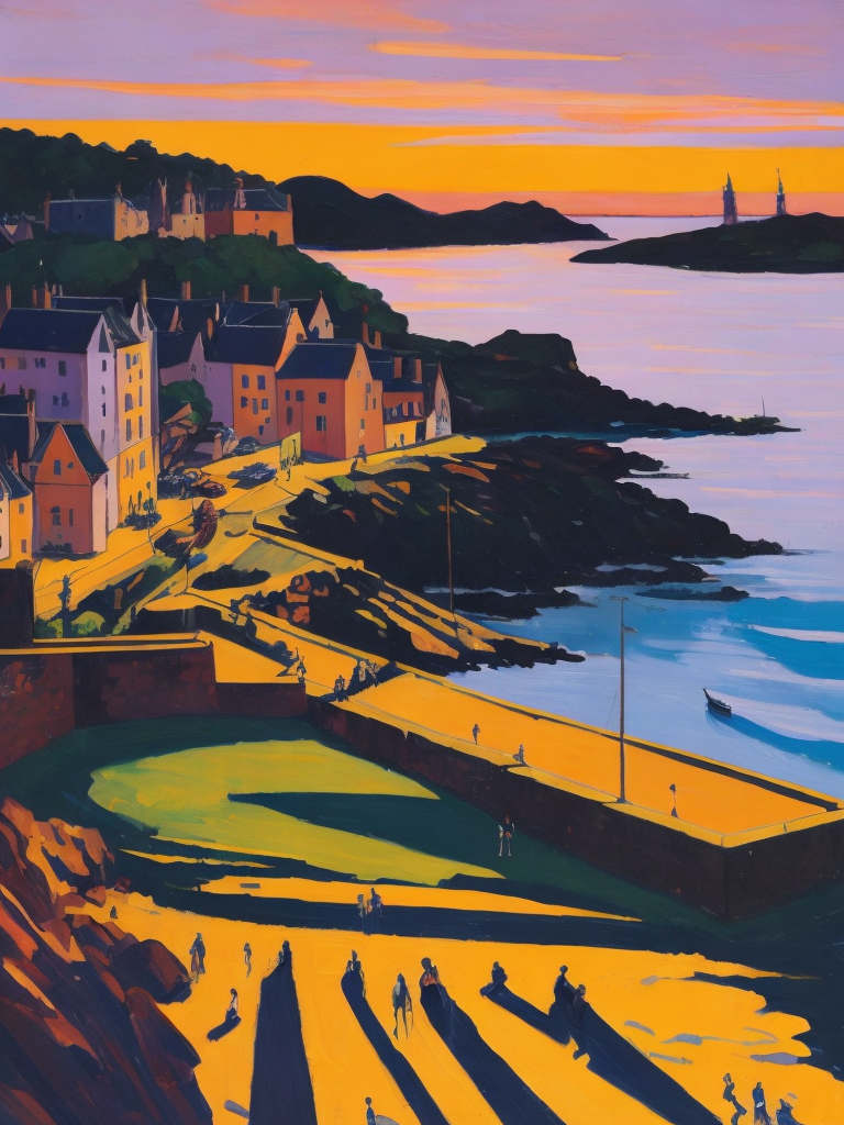 A painting by Andre Lhote. A painting of Dunbar Harbour at sunset captures the tranquil beauty and historic character of this Scottish harbor through an engaging fusion of Cubist and Fauvist styles. The peaceful waterfront, lined with fishing boats and surrounded by ancient castle ruins, is depicted using bold, fragmented shapes, while the surrounding rocky coastline and calm sea are rendered in warm hues of orange, pink, and purple. The scene conveys a sense of nostalgia and maritime heritage, reflecting the essence of Dunbar Harbour at sunset.