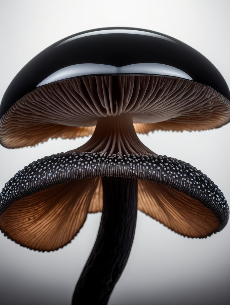 Macro photo of a black translucent alien mushroom, isolated, black background