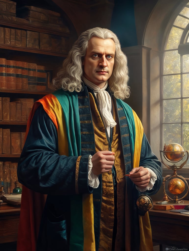 standing centered Portrait of Isaac Newton, bright and saturated colors, highly detailed, sharp focus, Bright expressive, Dramatic Lighting, Depth of field, Incredibly high detailed, on a white background
