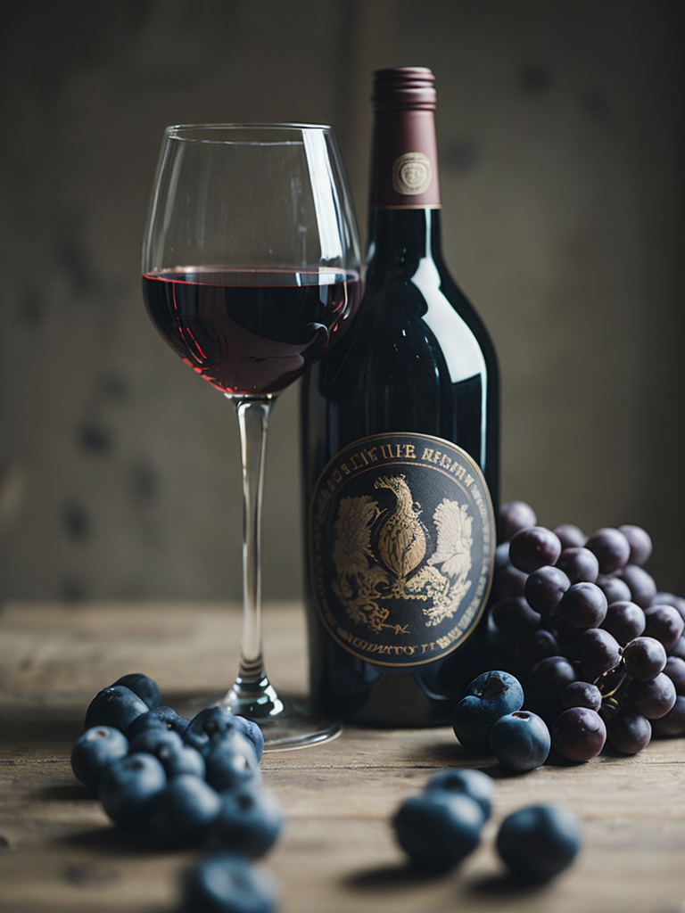 wine bottle with glass of dark red wine, grapes