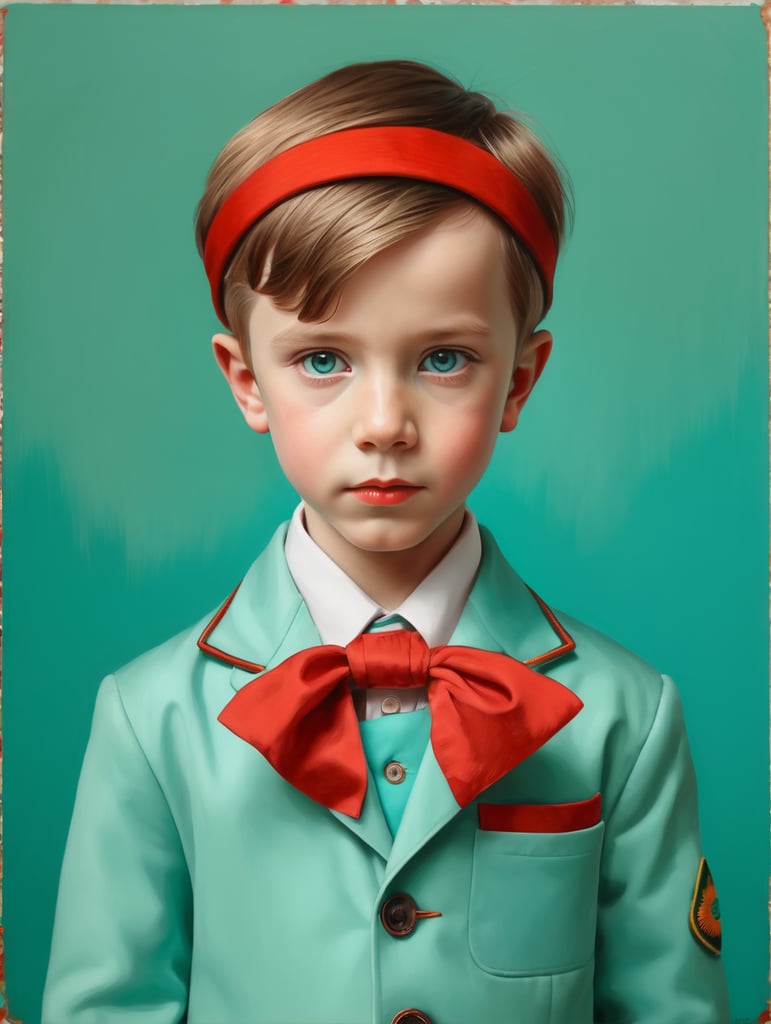 Portrait of child, half lenght, Wes Anderson style, Incredibly high detail, Bright colors, turquoise green and red colors,