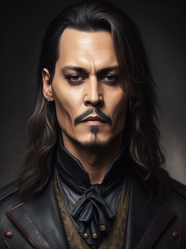 Portrait of Johnny Depp as Count Dracula, majestic look, long hair, he wears 18th-century style clothing, dark background, contrasting light, detailed face, muted tones