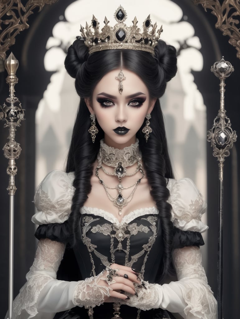 Anime magical girl in gothic ornate victorian dress with crown and gothic makeup and piercings holding magical staff