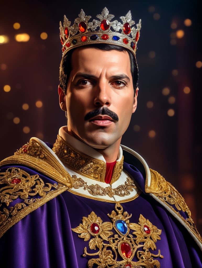 Portrait of Freddie Mercury wearing the Queen's crown, royal mantle, Vivid saturated colors, Contrast light, studio photo, professional photo, Detailed image, detailed face