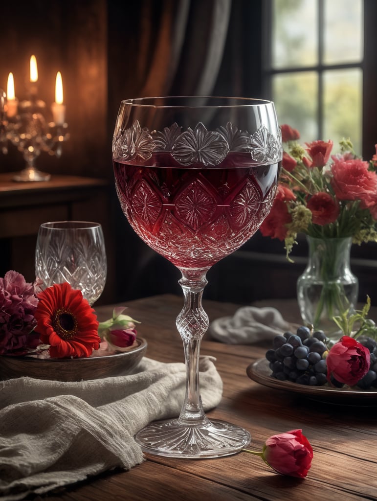 one crystal glass with red wine, crystal richly engraved with floral motifs, the glass on old wooden table with linen naperon, bouquet of dry flowers lying on the naperon next to the glass, soft colors, soft light, dark ambient, comfortable atmosphere, highly detailed