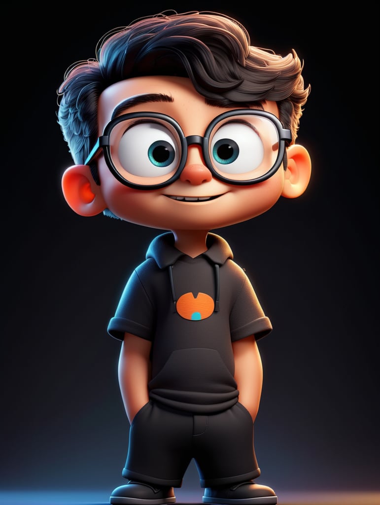 young cartoon character with black glasses, cartoon, isolated, black background