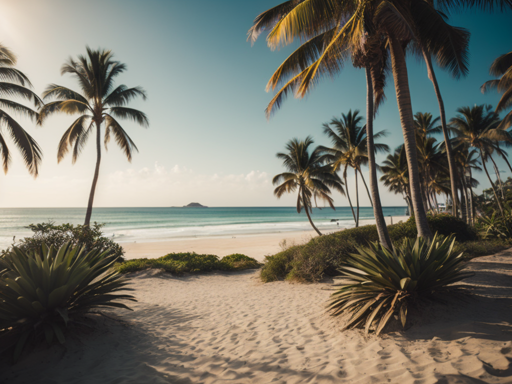 Sea beach landscape with tropical palms