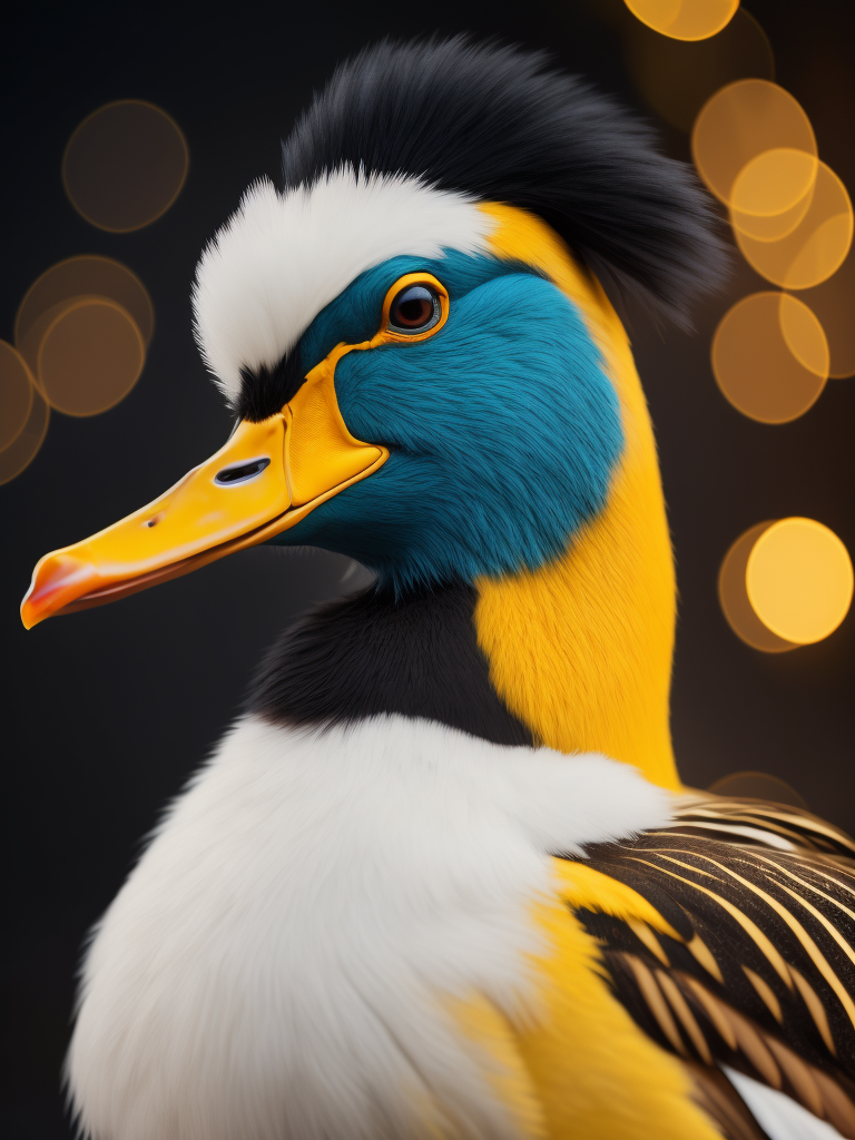Portrait of fluffy duck, bright and saturated colors, elegant, highly detailed, vogue, fashion magazine, sharp focus, bright expressive makeup, dramatic lighting, depth of field, incredibly high detailed, blurred background