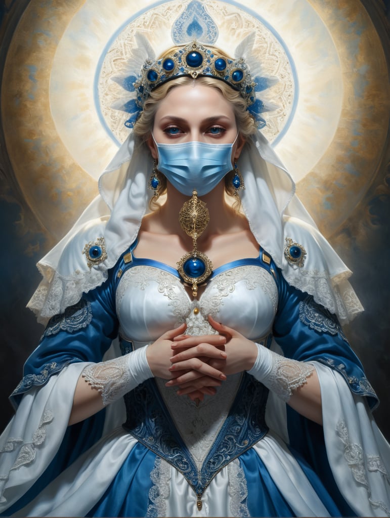 Madonna angel in medical mask renaissance in blue white drees