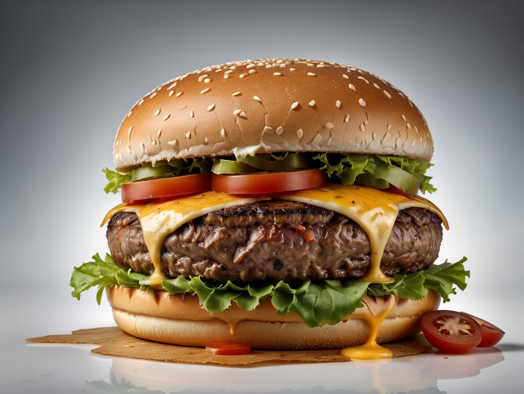 an appetizing burger with lettuce, tomato and melted cheese, ultra hd, isolated, hyper realistic, detailed,