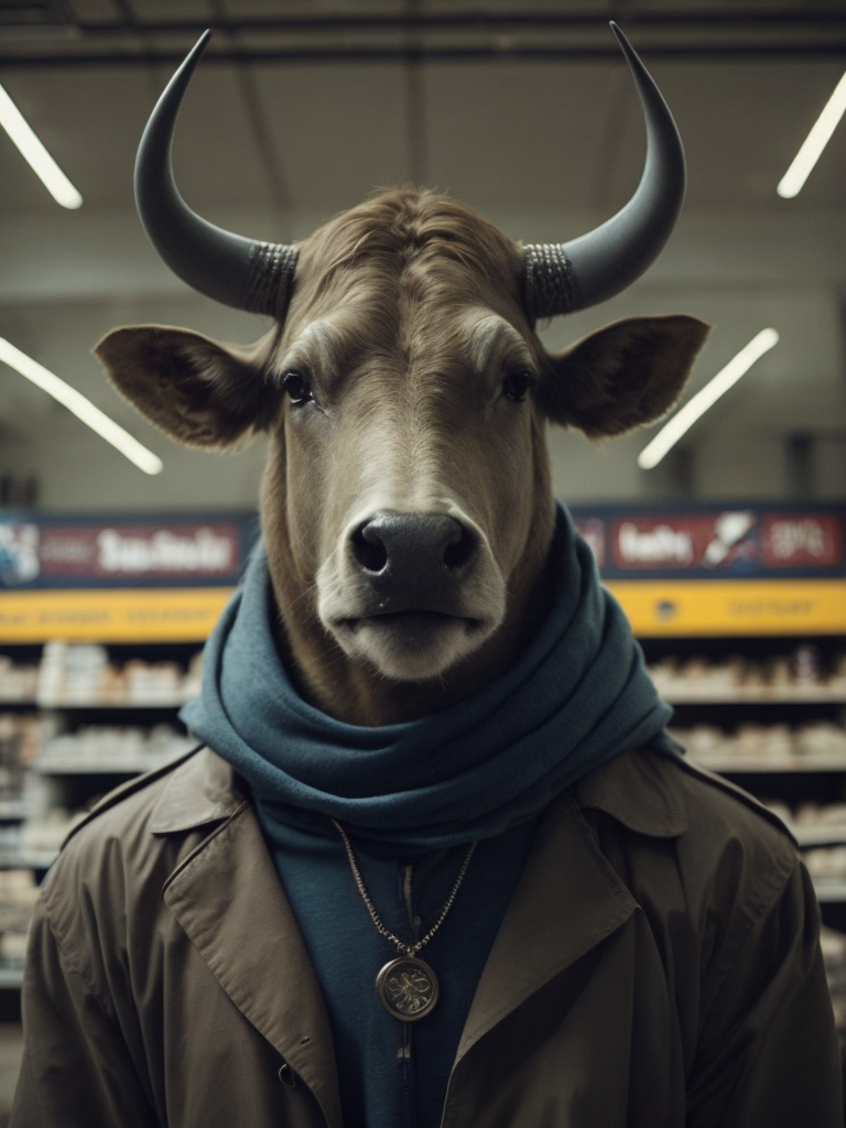 Bull look like a human stylized as a security guard in the supermarket