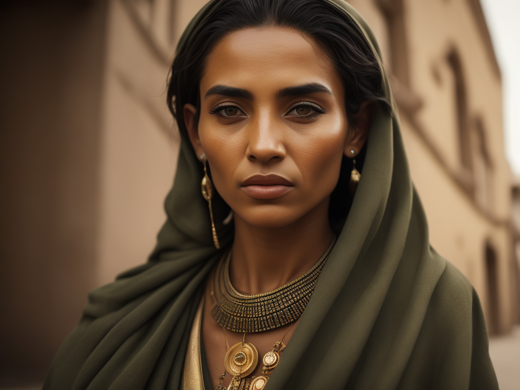 a photorealistic image of an Berber woman from the Bible,National Geographic style, she has a noise ring piercing, face line minimalist tattoos, side view, crossed hands, brown eyes, olive skin, she wears see green and blue wrinkled linen tunic, tanned, hair flowing in the wind, extremely detailed, realistic face, natural skin texture, extremely detailed skin with skin pores, peach fuzz, wearing red linen clothes, Israeli beauty, award winning photo, nikon d850 film archival photography, extremely detailed, amazing, fine details, rich color, texture hyper realistic, spectacular lighting, unreal engine, trending on artstation, 3 4 body view, realistic photo, RAW photo, high quality, high resolution, sharp