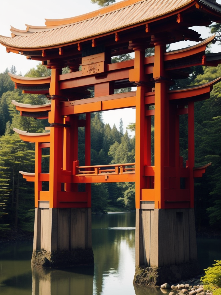 Red torii gate in middle of a lake, Dense forest on the edge of the lake, Bright and saturated colors, Japanese culture, photorealistic, contrast light