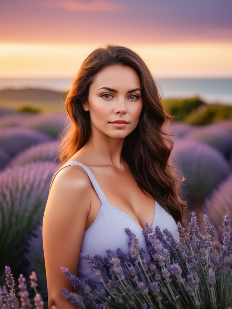 Portrait of a beautiful medium-weight brunette woman in a field of lavender with ocean in the background, blurry background, sunset, vivid colors, high contrast colors, dramatic lighting, Oregon Coast, very detailed.