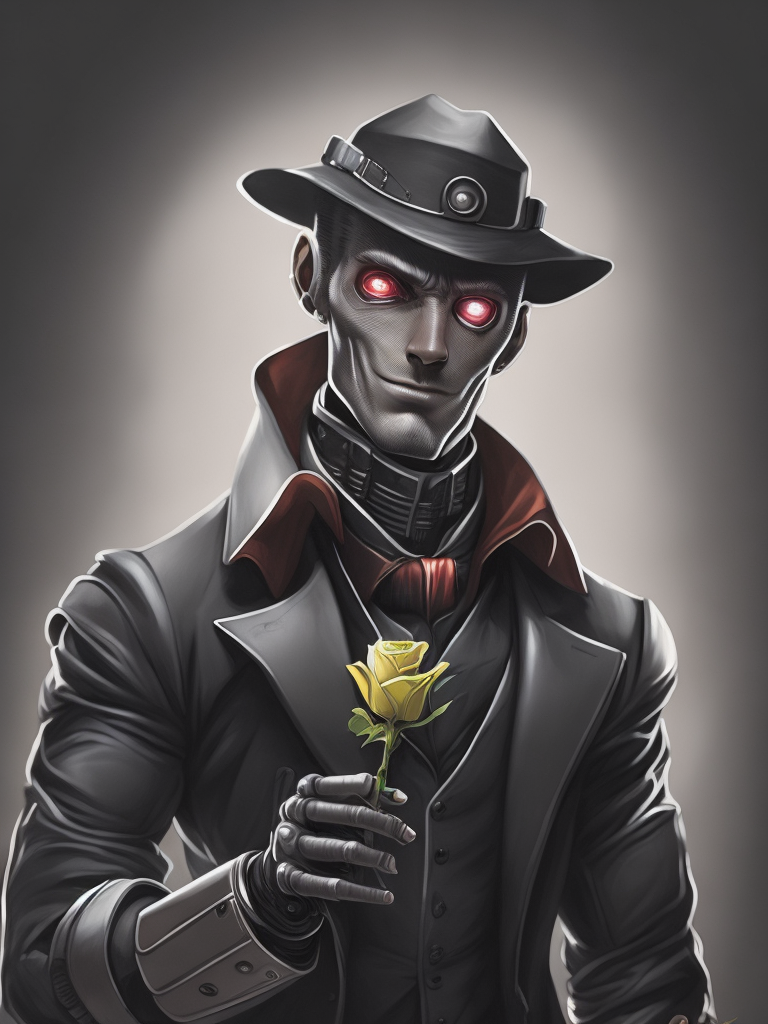 Portrait of a robot detective, holding a rose in his hand