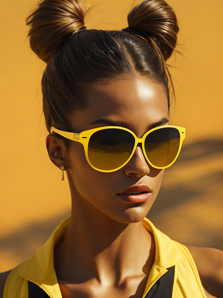 Portrait of a fashion model dressed in a black swimsuit and a yellow transparent sun glasses, Sunny weather, Contrasting light, Hair in a bun