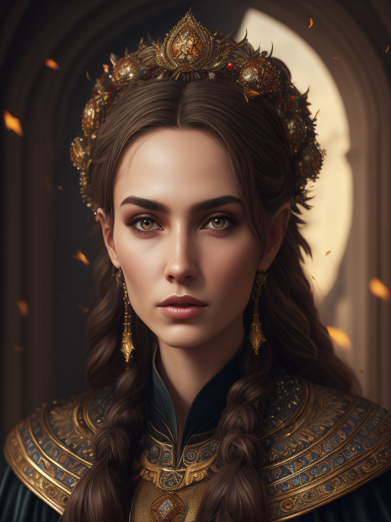 Portrait of a beautiful woman from a Russian fairy tale in a traditional costume around rowan bunches with a holy halo around her head like on Orthodox icons