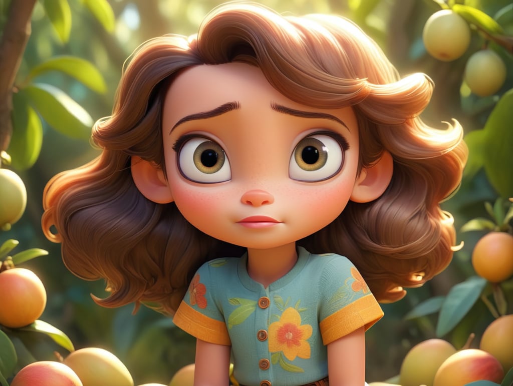 Mila’s Magical Mango Tree" Characters: Five-year-old Mila standing under a mango tree smiling happily