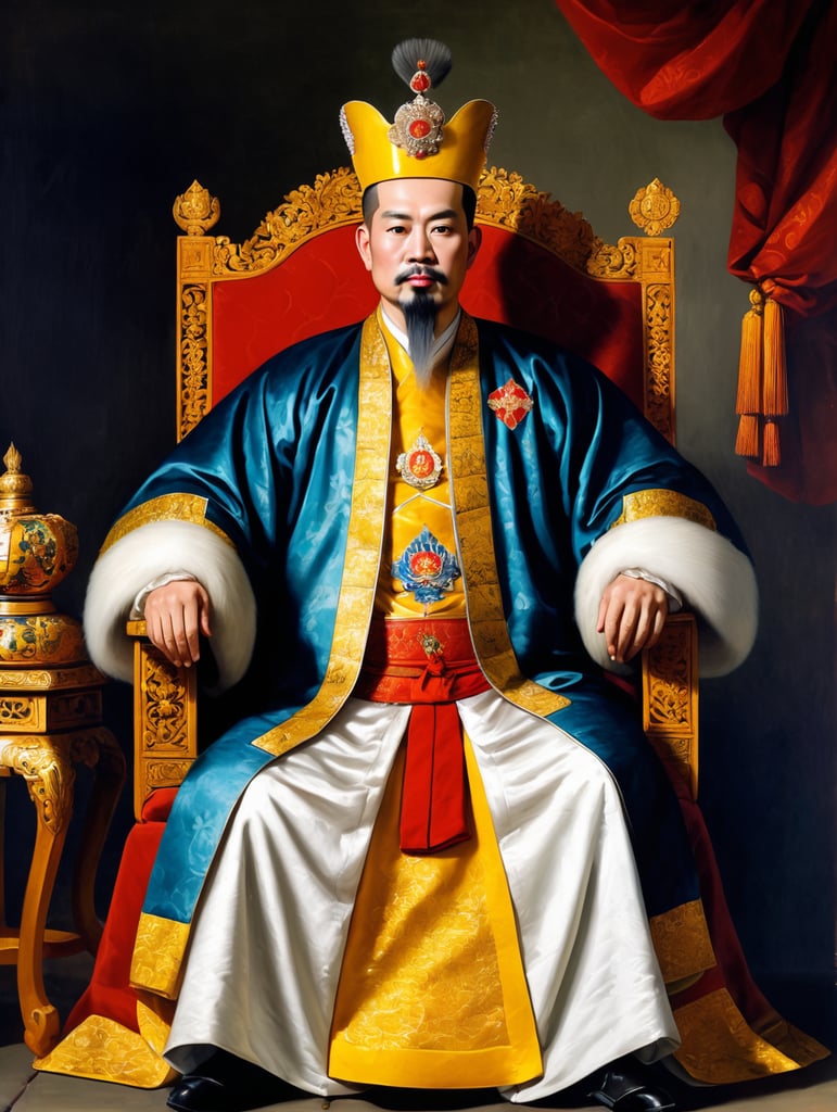 An 18th century painting of a vietnamese emperor sitting down, wearing european clothing and an asian imperial crown