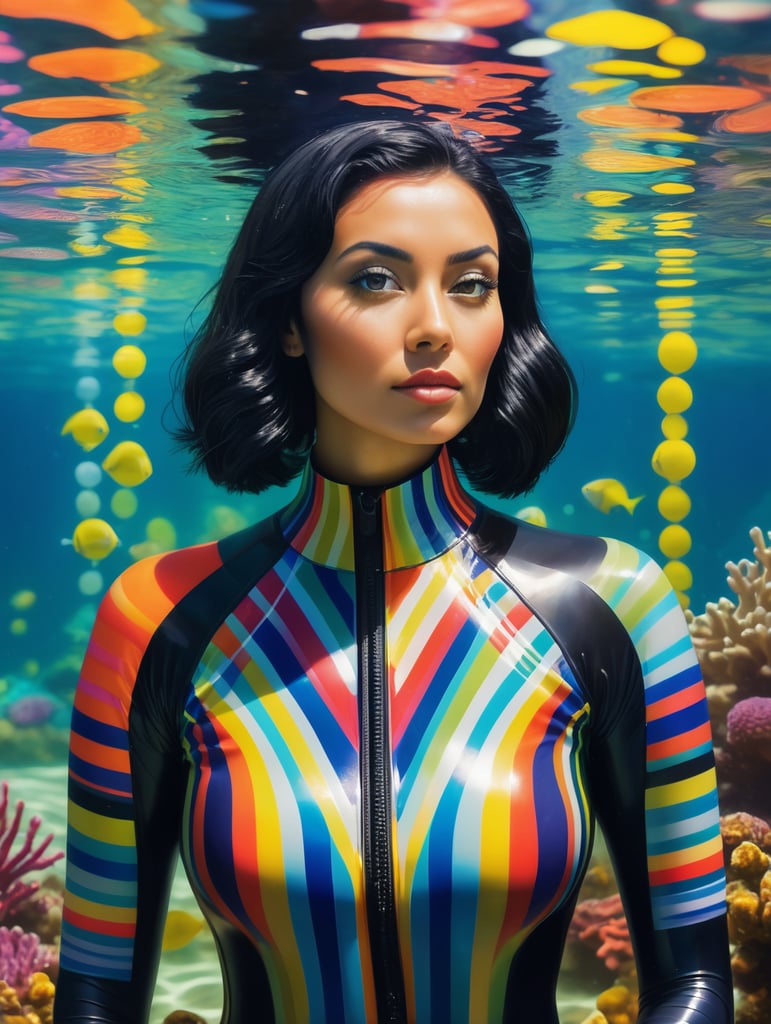 Portrait of a woman with black hair wearing a brightly patterned wet suit, underwater, colorful sea life, Vivid saturated colors, Contrast color, style of Yaacov Agam,