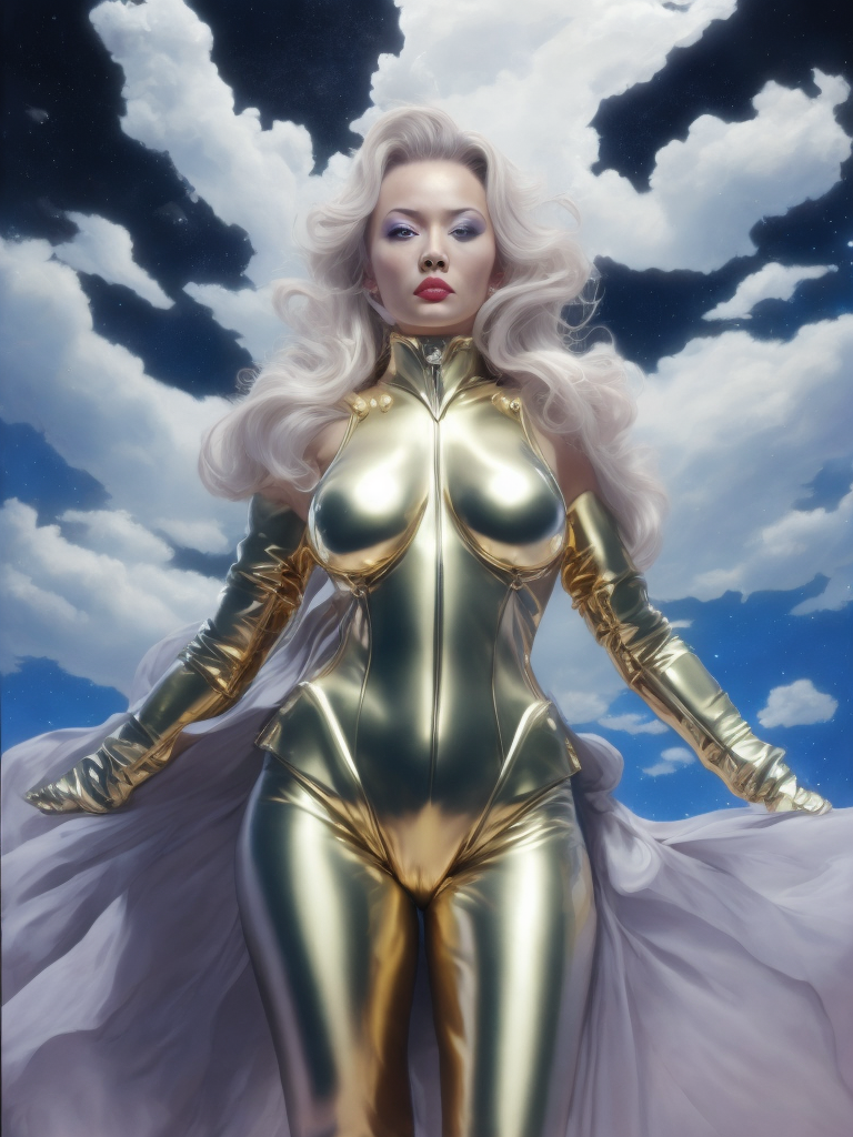 Hajime Sorayama, goddess, shining, metallic, airbrush, space, clouds, colourful