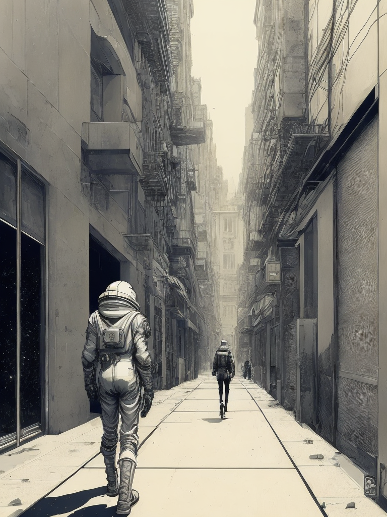 Vintage 90's anime style. a lonely astronaut walking down the by hajime sorayama, greg tocchini, virgil finlay, sci-fi. line art. environmental arcade art.