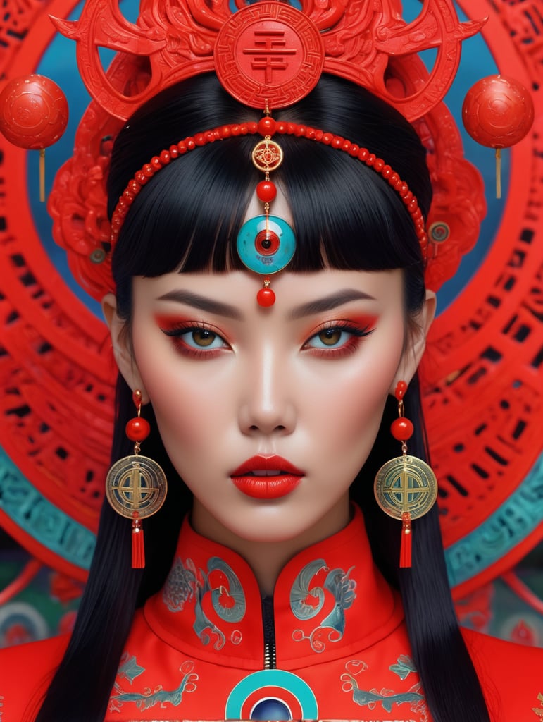 Pretty chinese model with occult symbols , by martine johanna and simon stalenhag and chie , bright and saturated colors, elegant, highly detailed, vogue, fashion magazine, sharp focus, mouth open, eye make up is wild, hair band red