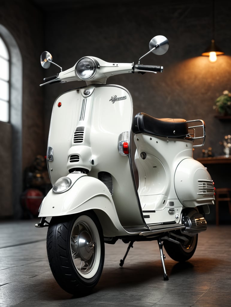 vintage white vespa, low angle view, isolated, white background, mockup