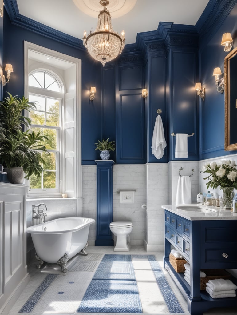 interior, bathroom in a victorian architectural style, clean modern design featuring blue and white color scheme, beautiful light