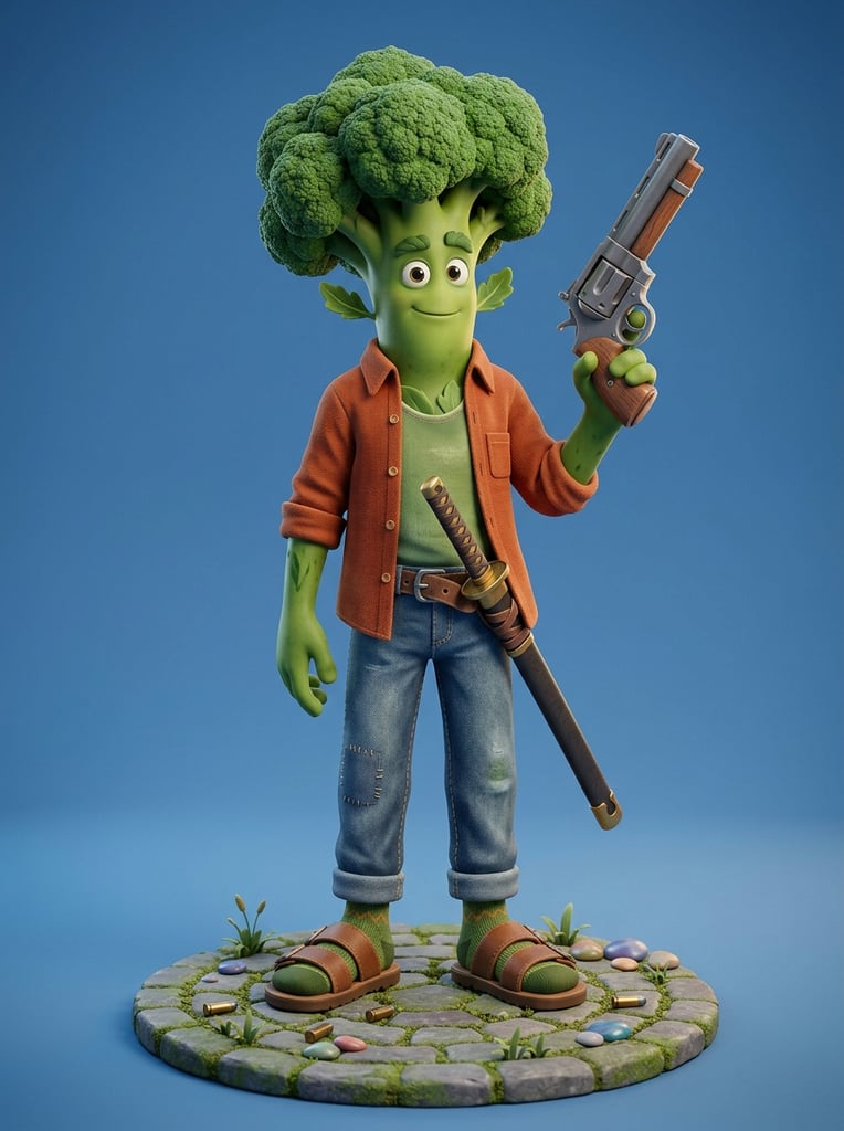 A stylized 3D humanoid with green skin and a large broccoli head stands on a circular paved base against a solid blue background. Wearing an open orange shirt, green tank top, and textured jeans, he casually holds a massive grey revolver upward. A sheathed katana rests at his hip. The polished toy-like rendering features vibrant lighting and scattered bullet casings around his green sandals.