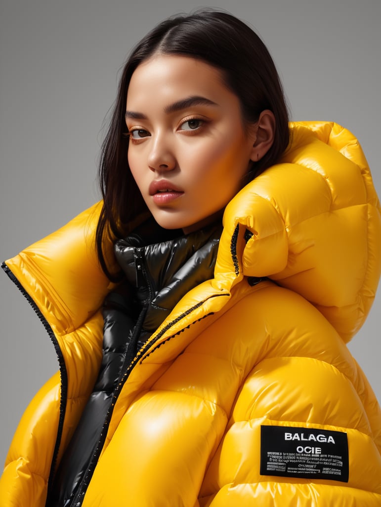 well lit fashion shoot portrait of extremely beautiful female wearing massively over size yellow puffer jacket by craig green, dingyun zhang, yeezy, balenciaga, vetements, sharp focus, clear, detailed, , cinematic, detailed, off white, glamourous, symmetrical, vogue, editorial, fashion, magazine shoot, glossy