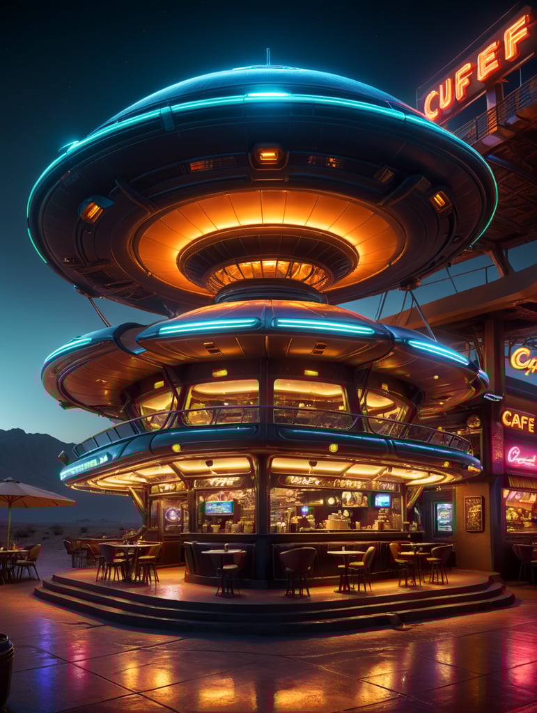 futuristic ufo cafe, desert, an night, neon, glass
