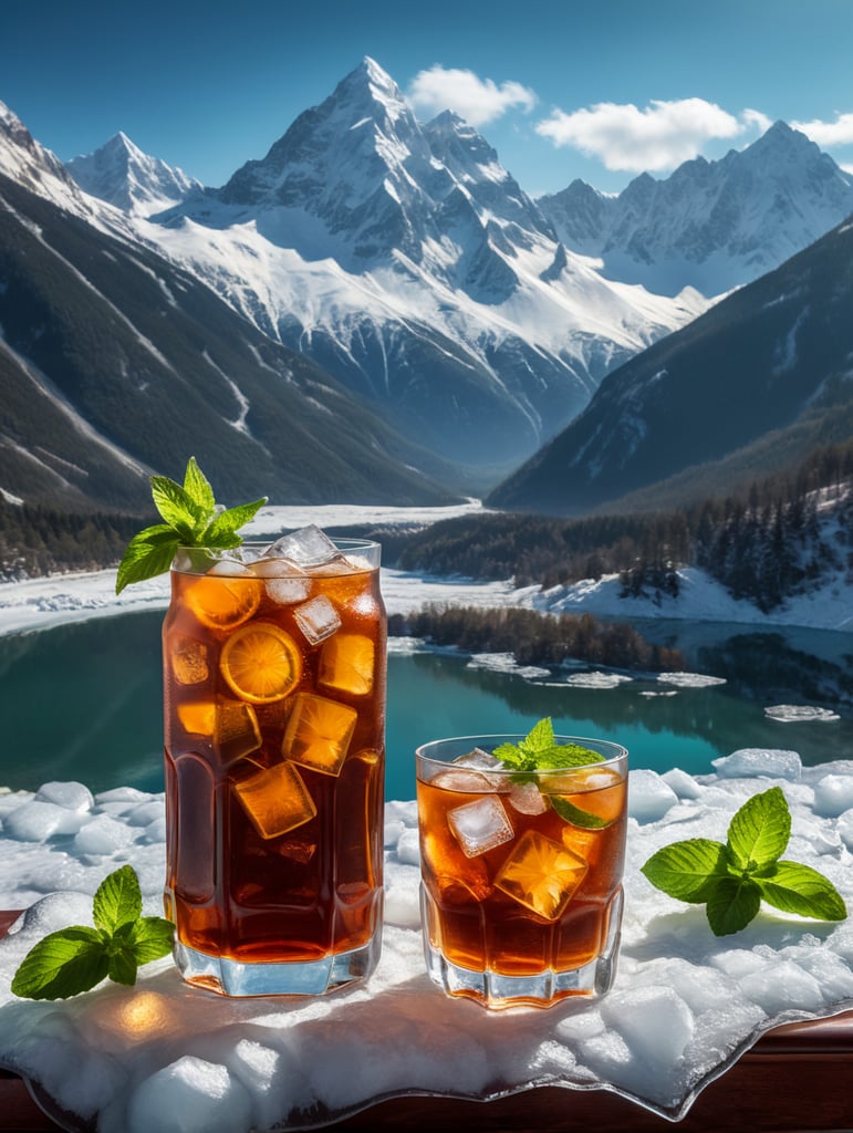 Fresh ice tea bottle on big ice. Put some snowy mountains to background and add some mint on table.