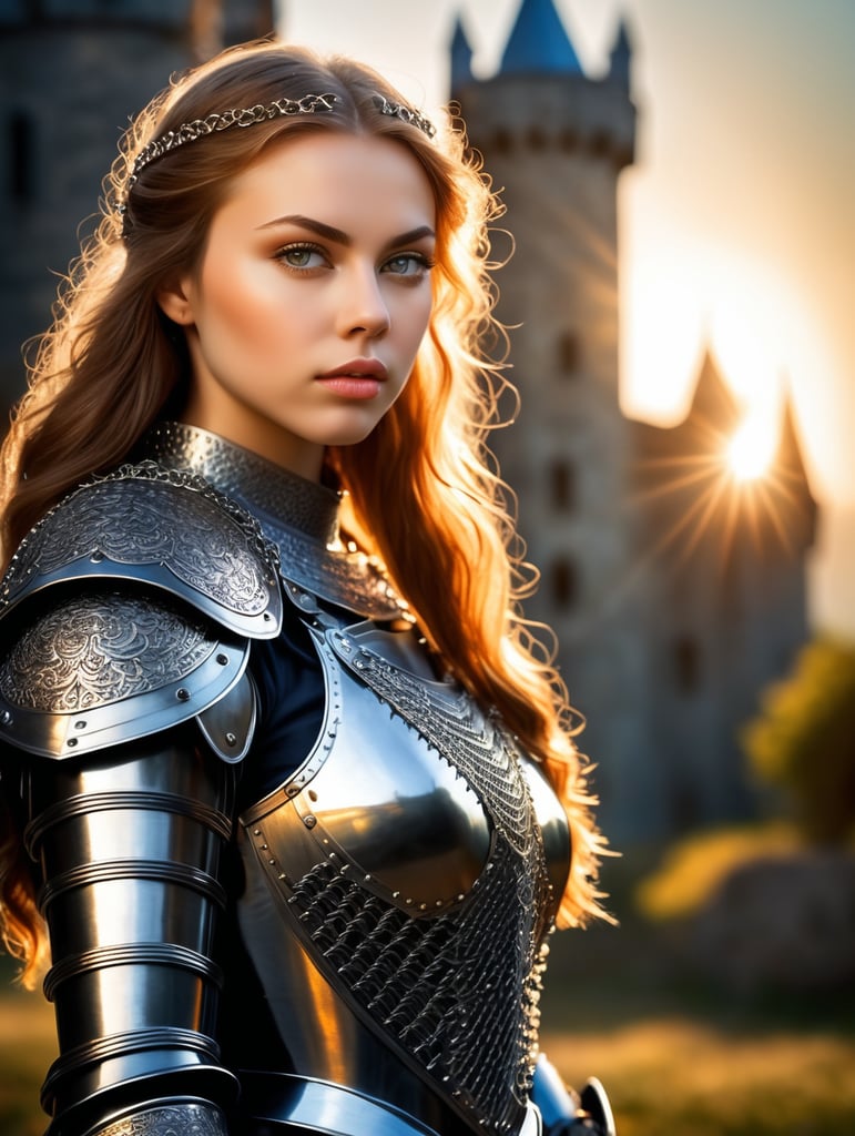 (masterpiece), (extremely intricate:1.3), (realistic photo:1.2), portrait of a girl, the most beautiful in the world, (medieval armor), (metal reflections:1.1), upper body, outdoors, intense sunlight, far away castle, professional photograph of a stunning woman detailed, sharp focus, dramatic, award winning, cinematic lighting, volumetrics dtx, (film grain, blurry background, blurry foreground, bokeh, depth of field, sunset, motion blur:1.3), chainmail