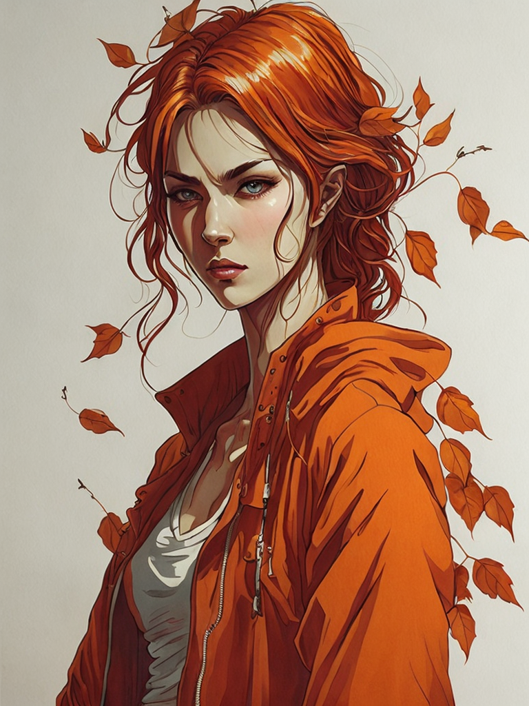 A beautiful full-height girl in an autumn attire. Around her, yellow fallen leaves are swirling, with plenty of sunlight. In the background, there are ripe red apples. Around her, flowers are in full bloom, it's morning. The girl is looking at her reflection in the lake.