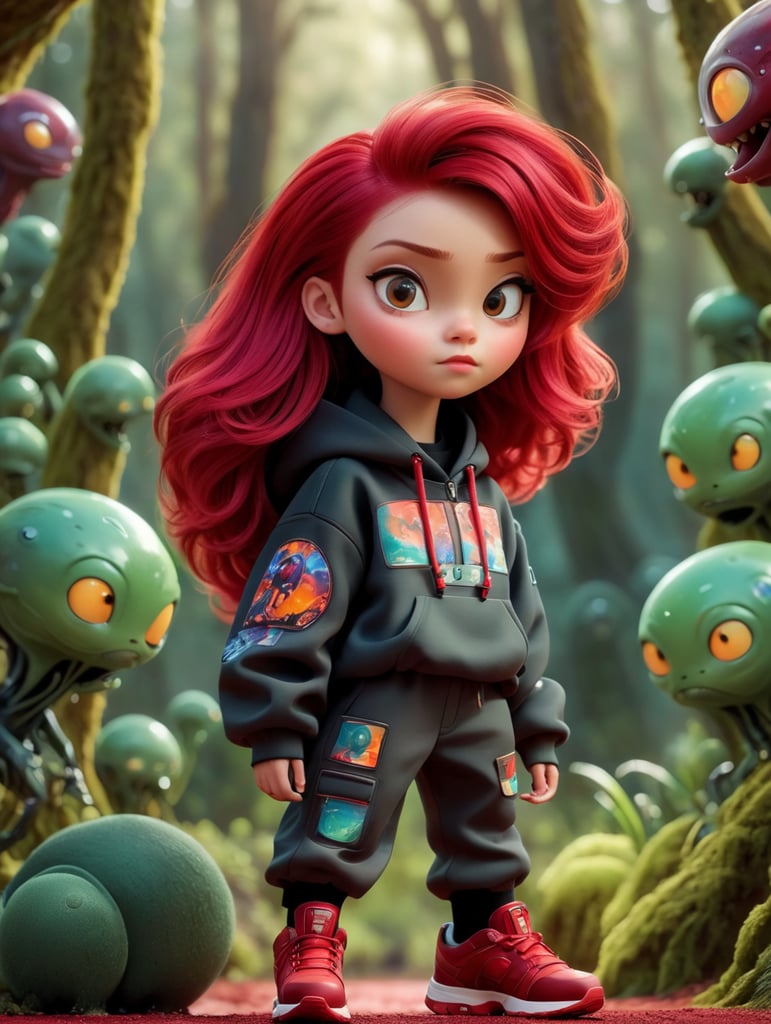 A young beautiful girl in futurestic HOODY jacket and pants and red hair against the backdrop of a alien space forest in red-burgundy tones, blurred background, focus on the girl, detailed cloth, Dramatic Lighting, Depth of field, Incredibly high detailed shoes make from dark slime, venom, sci-fi, alien, deep atmosphere, dark, saturation, vibrance, sharp bright and saturated colors, elegant, highly detailed, vogue, fashion magazine,