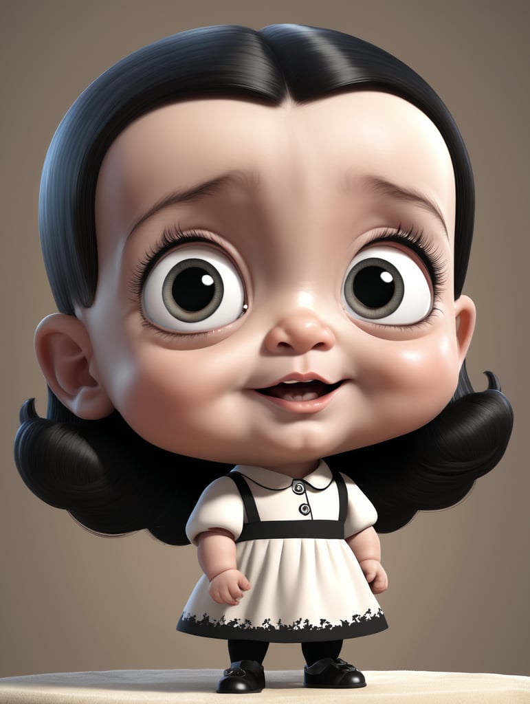 generate a cartoon style 3D image of baby Merlina Addams. She is on her birthday.