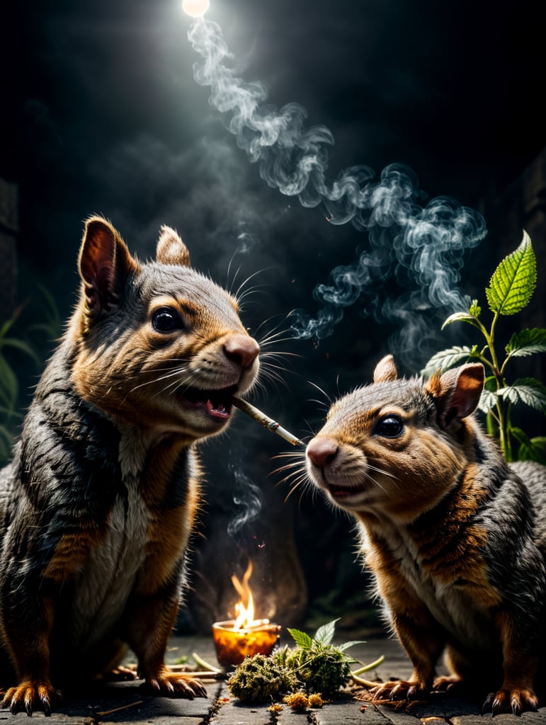 a drunken squirrel and a rat smoking marijuana