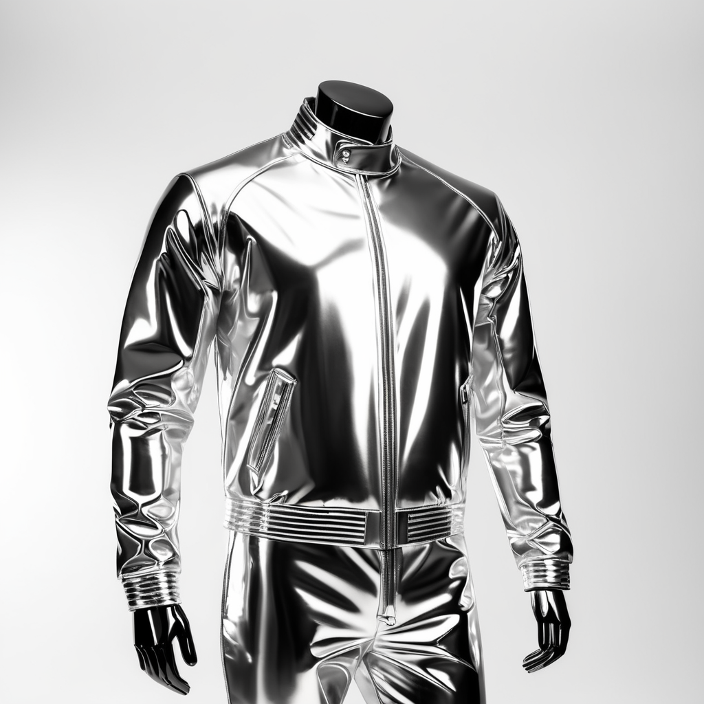 A realistic photo of a chrome shiny jacket on a invisible mannequin, coverall with reflective material, isolated, white background