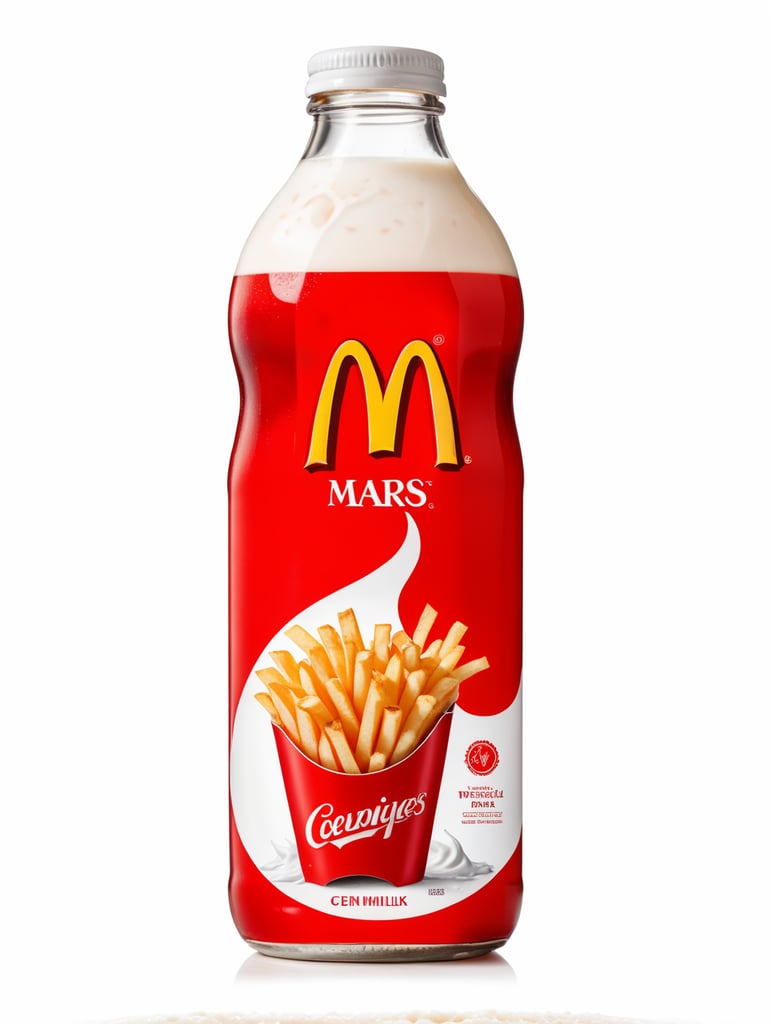 An advertisement shot of a Bottle in front of a white background. The label of the bottle shows a red "m" and french fries that are blending into a swirl of milk. A delicious beverage drink advertisement style