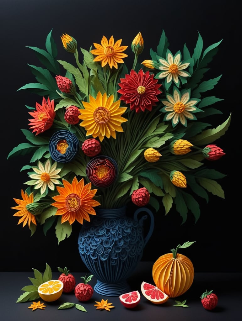 Craft a hyper-realistic still life painting showcasing a bouquet of exquisite flowers and fruits