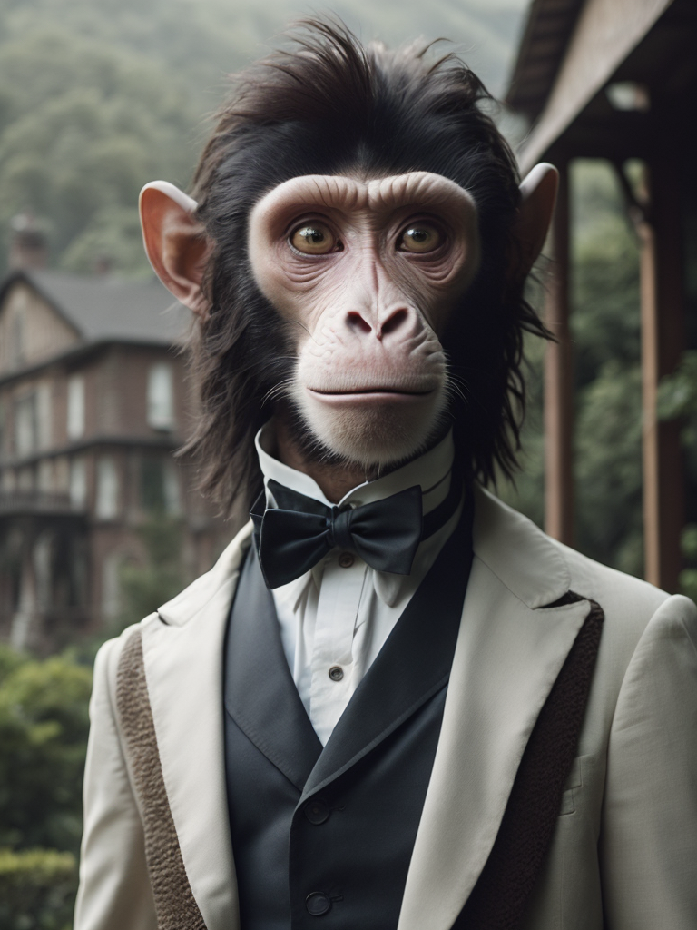 Portrait of a monkey wearing a white tuxedo with a victorian house on the far background