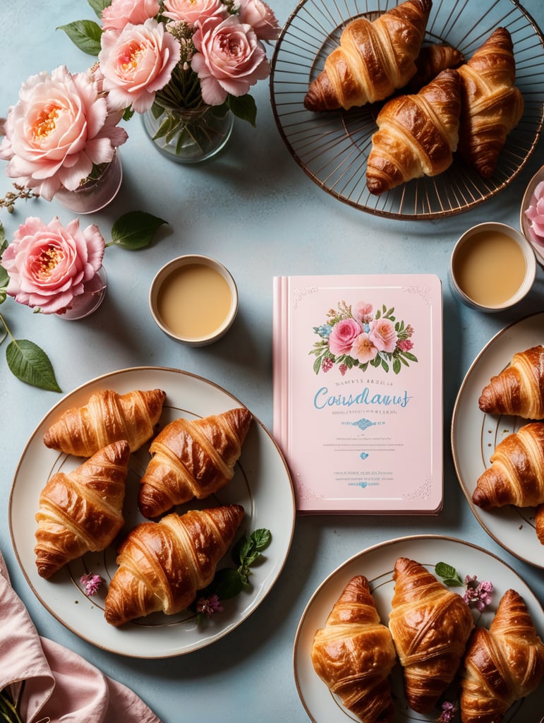Cookbook photo, top - view, wire cooling rack, croissants, with a floral, allow, banner, pink and pastel blue, farmcore